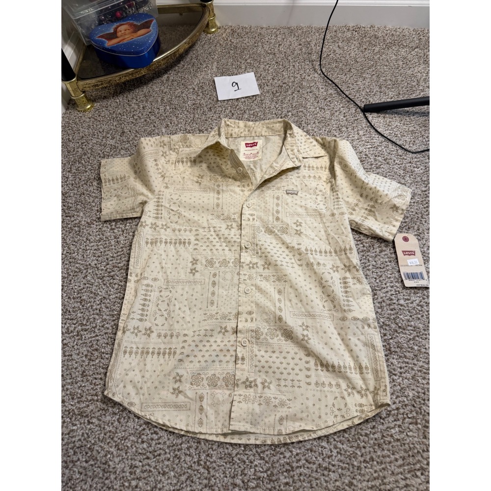 Levis Boys Medium 10-12 Bandana Patchwork Button Down Shirt Cream Short Sleeve